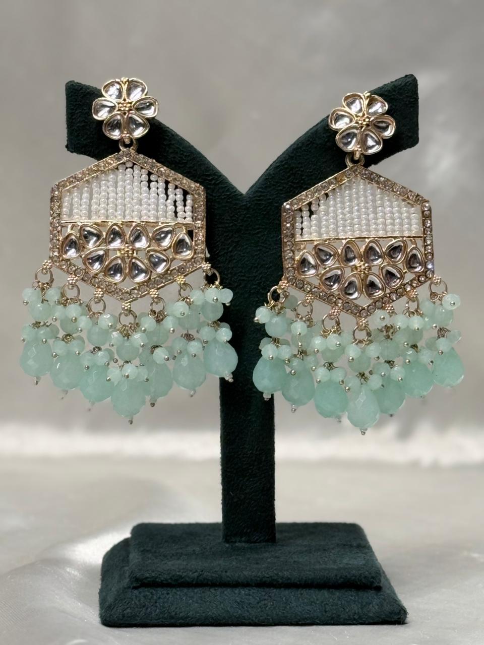 Mint Green Kundan Pearl Drop Earrings for Women,llb596