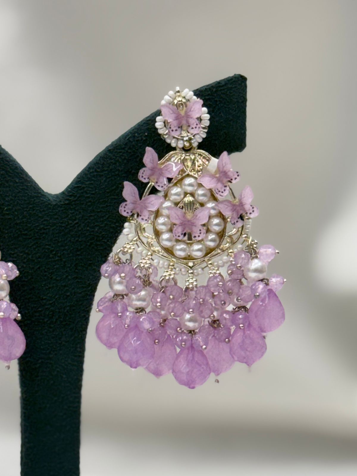 Lavender Butterfly Pearl Chandbali Earrings for Women,llb628