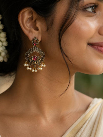 Antique Gold Lotus Chandbali Earrings with Ruby Stone & Pearl Drops | llb042