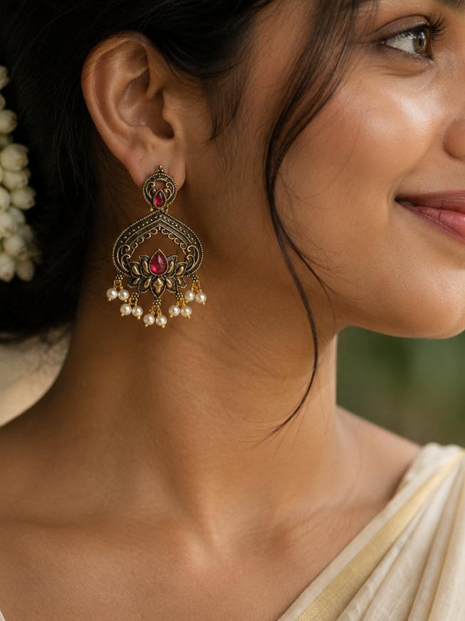 Antique Gold Lotus Chandbali Earrings with Ruby Stone & Pearl Drops | llb042