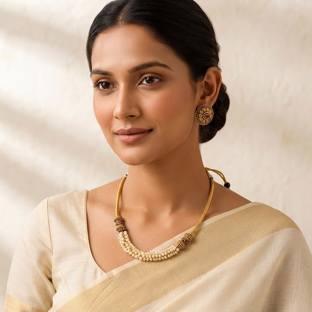 Antique Gold Pearl Cluster Choker Necklace Set with Ruby Stud Earrings | OL95