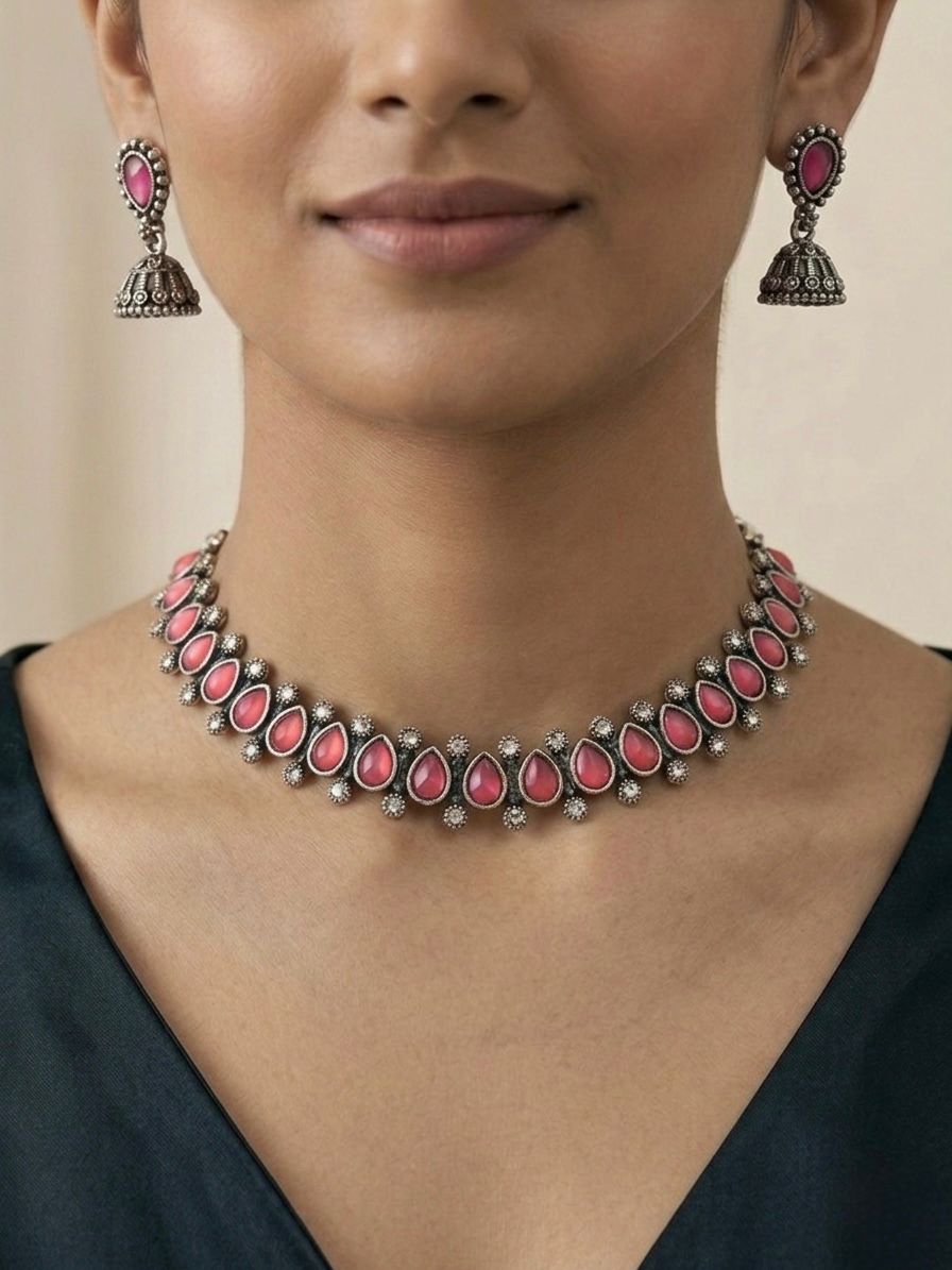 Oxidised Silver Pink Stone Choker Necklace Set with Jhumka Earrings |llb035