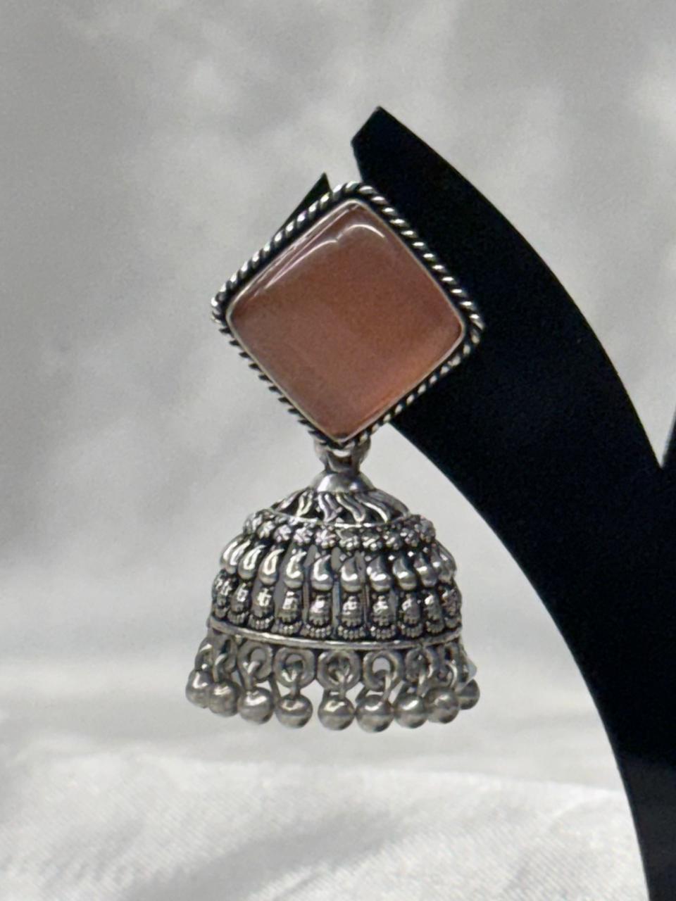 Orange Stone Silver Oxidised Jhumka Earrings,llb582