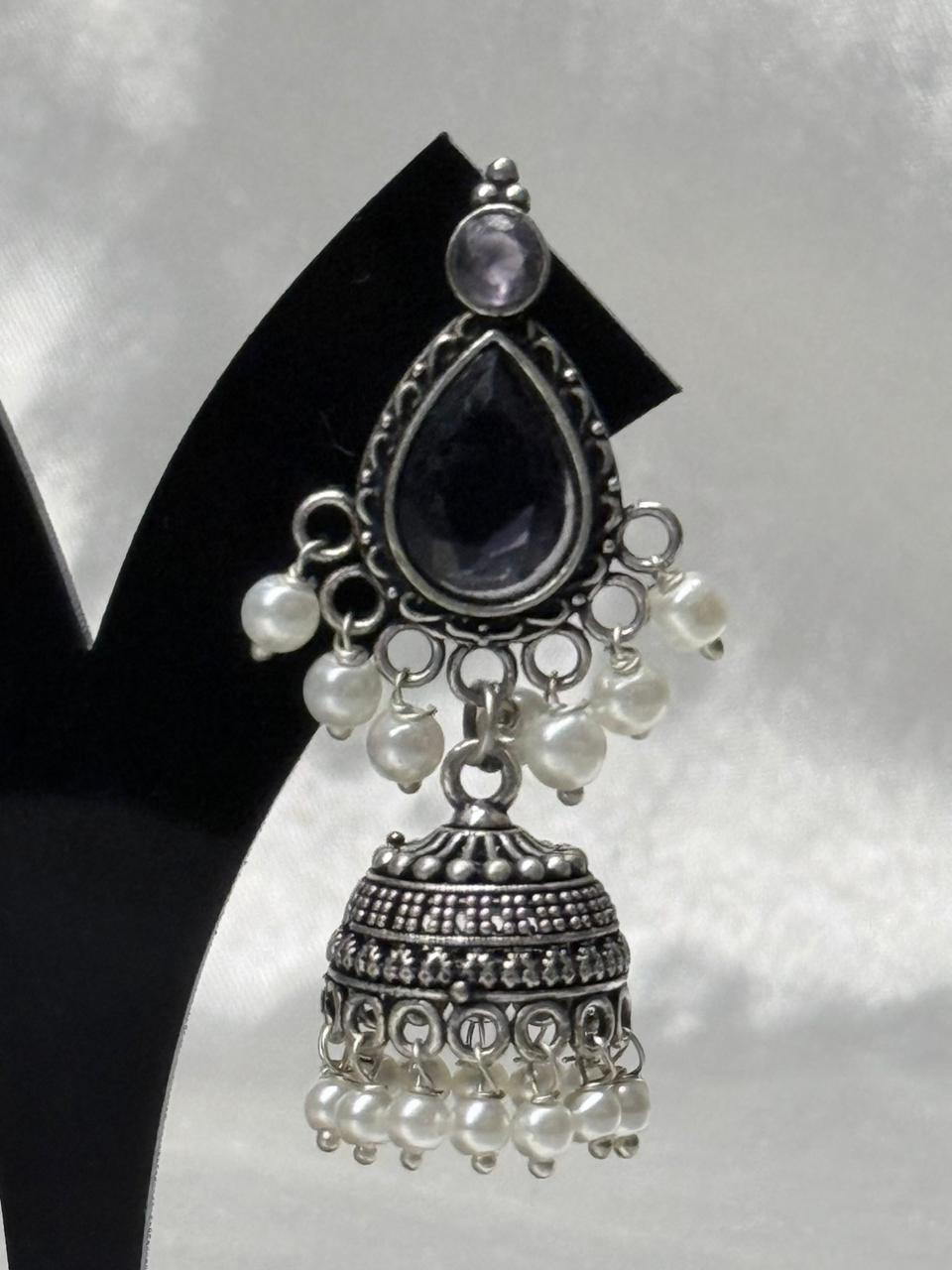 Oxidised Silver Purple Stone Jhumka Earrings with Pearls,ll605