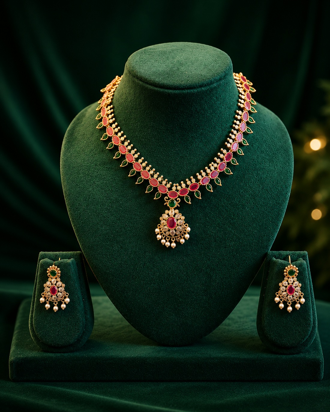 Gold Ruby Emerald Kemp Oval Stone Necklace Set | OL 47