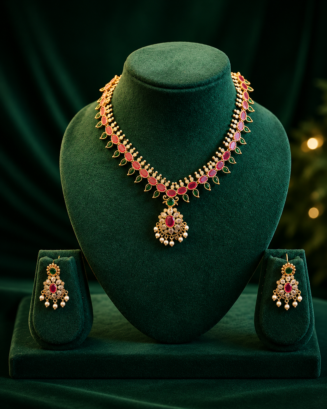 Gold Ruby Emerald Kemp Oval Stone Necklace Set | OL 47