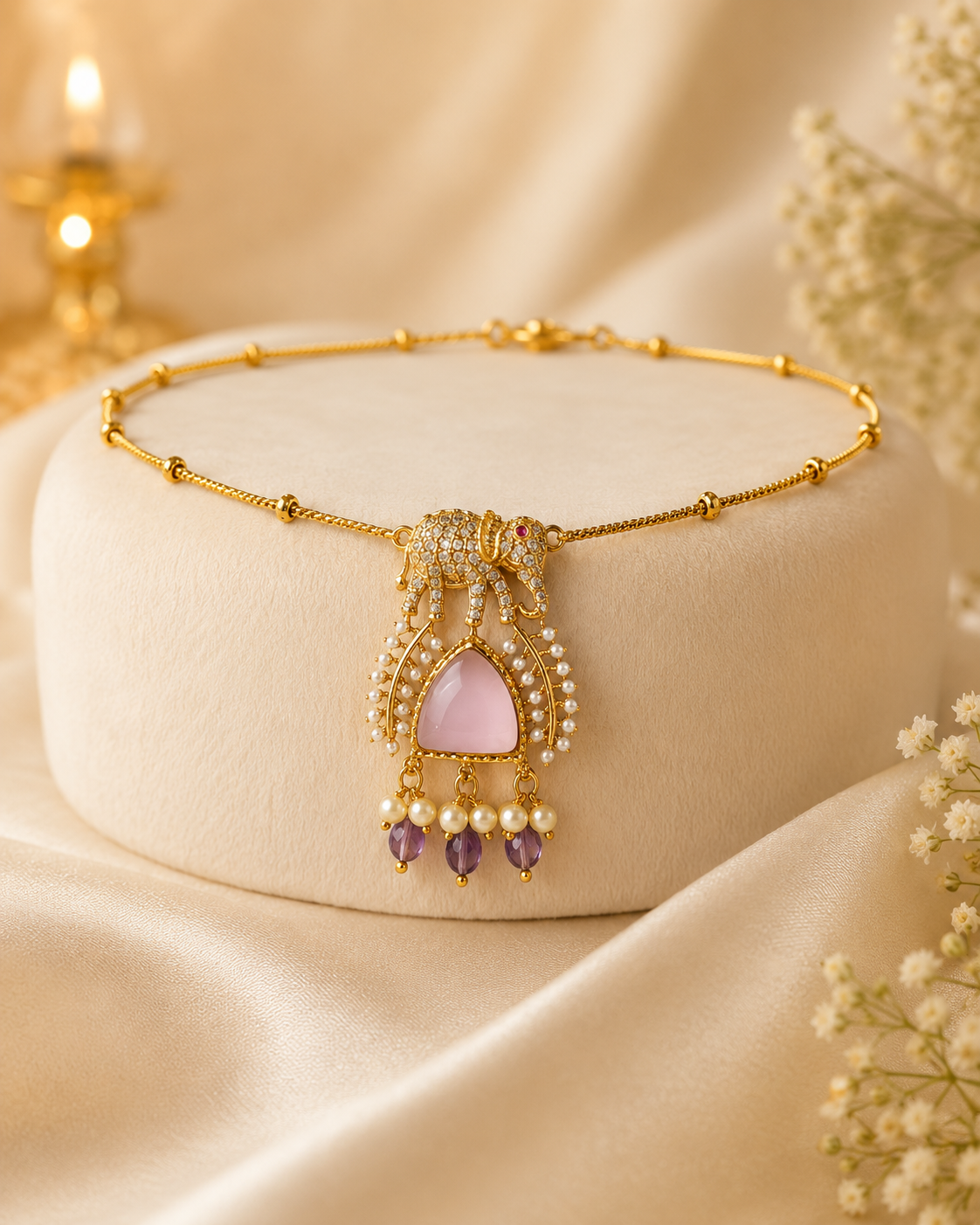 Gold CZ Elephant Pendant Choker Necklace with Rose Quartz | OL 34