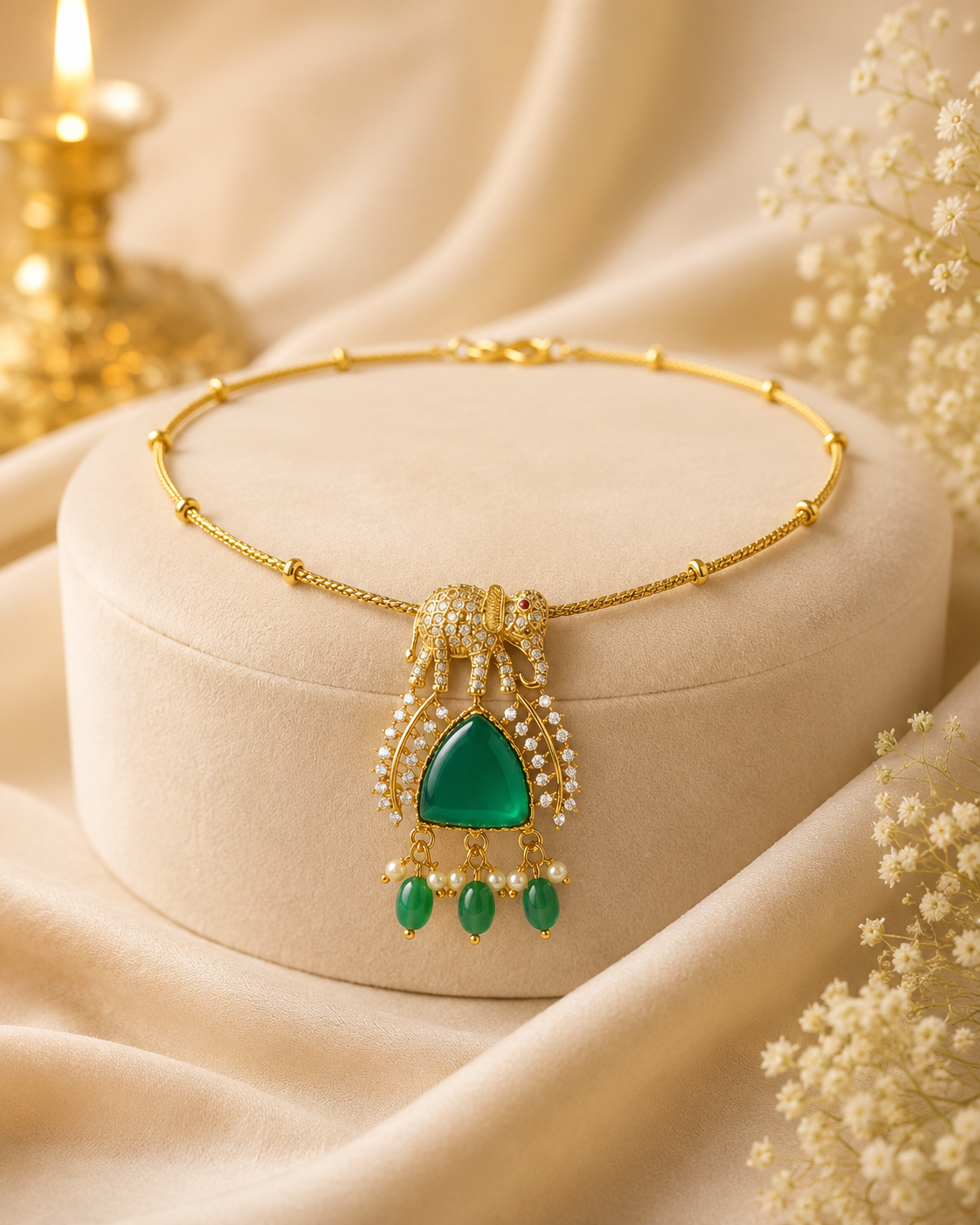 Gold CZ Elephant Pendant Choker Necklace with Green Onyx | OL 62