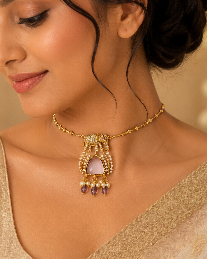 Gold CZ Elephant Pendant Choker Necklace with Rose Quartz | OL 34