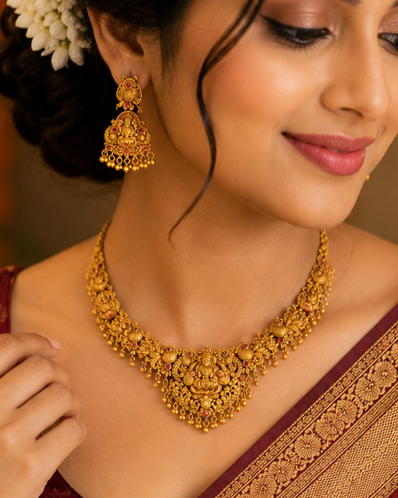 Gold Lakshmi Temple Necklace Set with Jhumka Earrings | LLB0221