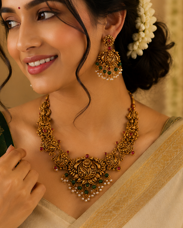 Antique Gold Floral Temple Necklace Set with Emerald Beads & Pearl Drops | LLB0222