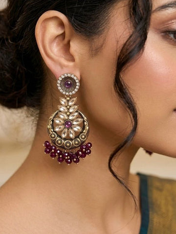 Purple Kundan Floral Chandbali Earrings | llb0119