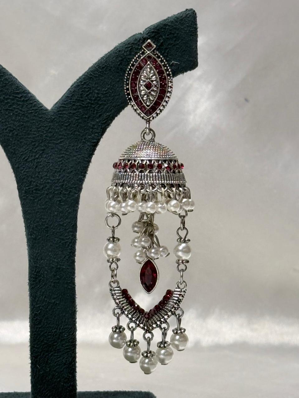 Antique Silver Red Stone Pearl Jhumka Earrings for Women,llb594