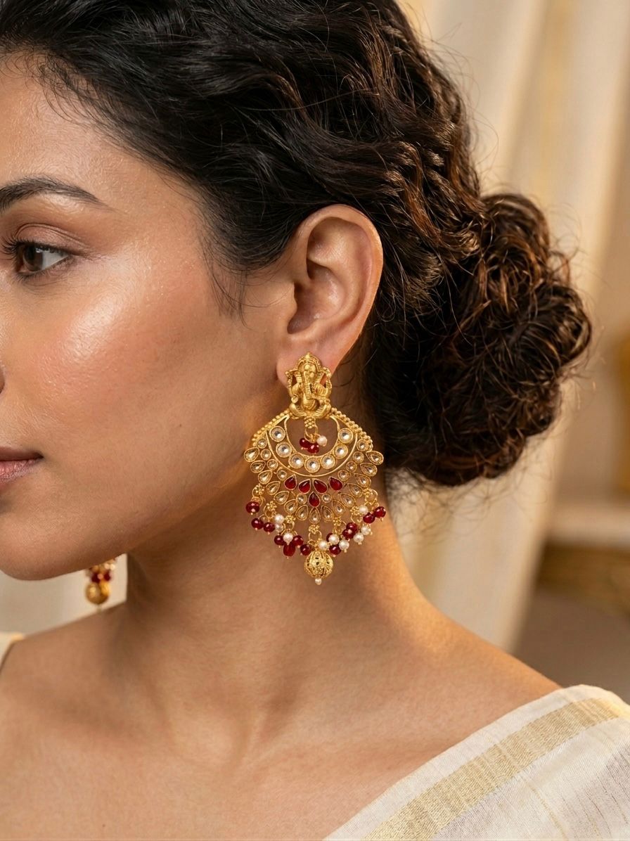 Ganesha Temple Chandbali Earrings with Kundan, Ruby & Pearl Drops | llb103