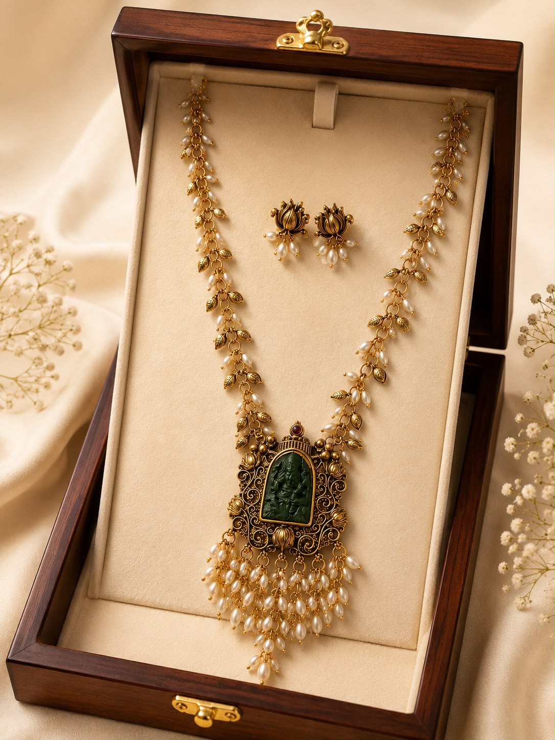 Lakshmi Devi Emerald Stone Haaram with Pearl Drops |OL173