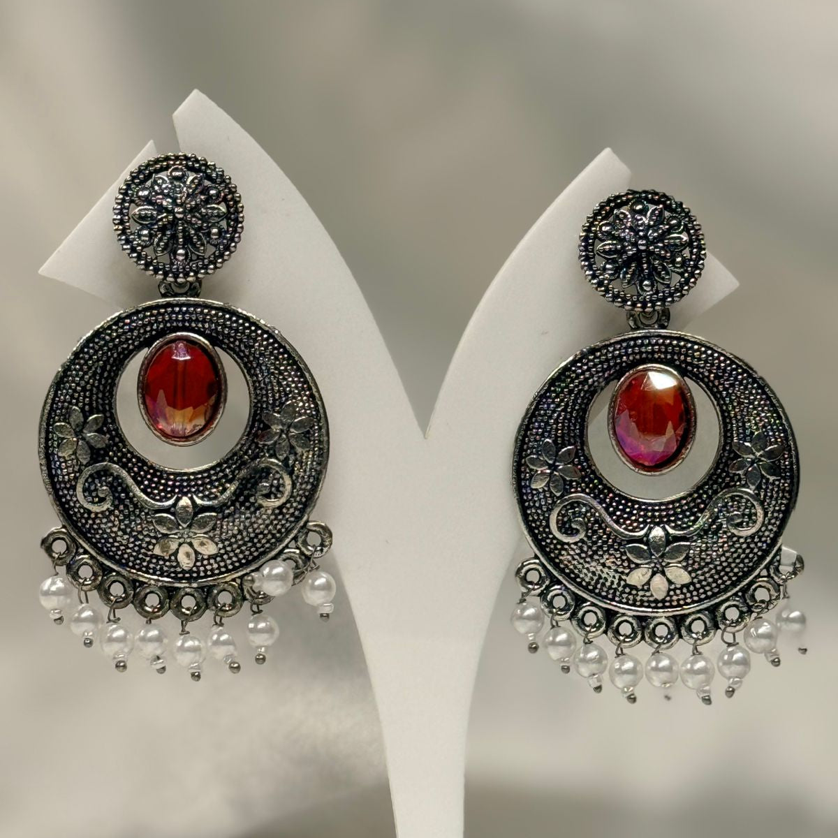 Oxidised Silver Red Stone Chandbali Earrings with Pearl Drops,llb644