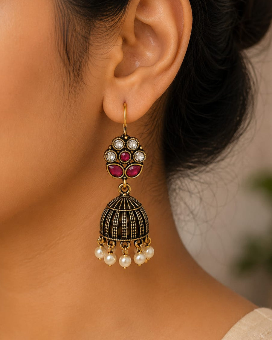 Oxidised Gold Ribbed Jhumka Earrings with Ruby Crystal & Pearl Drops | LLB0181