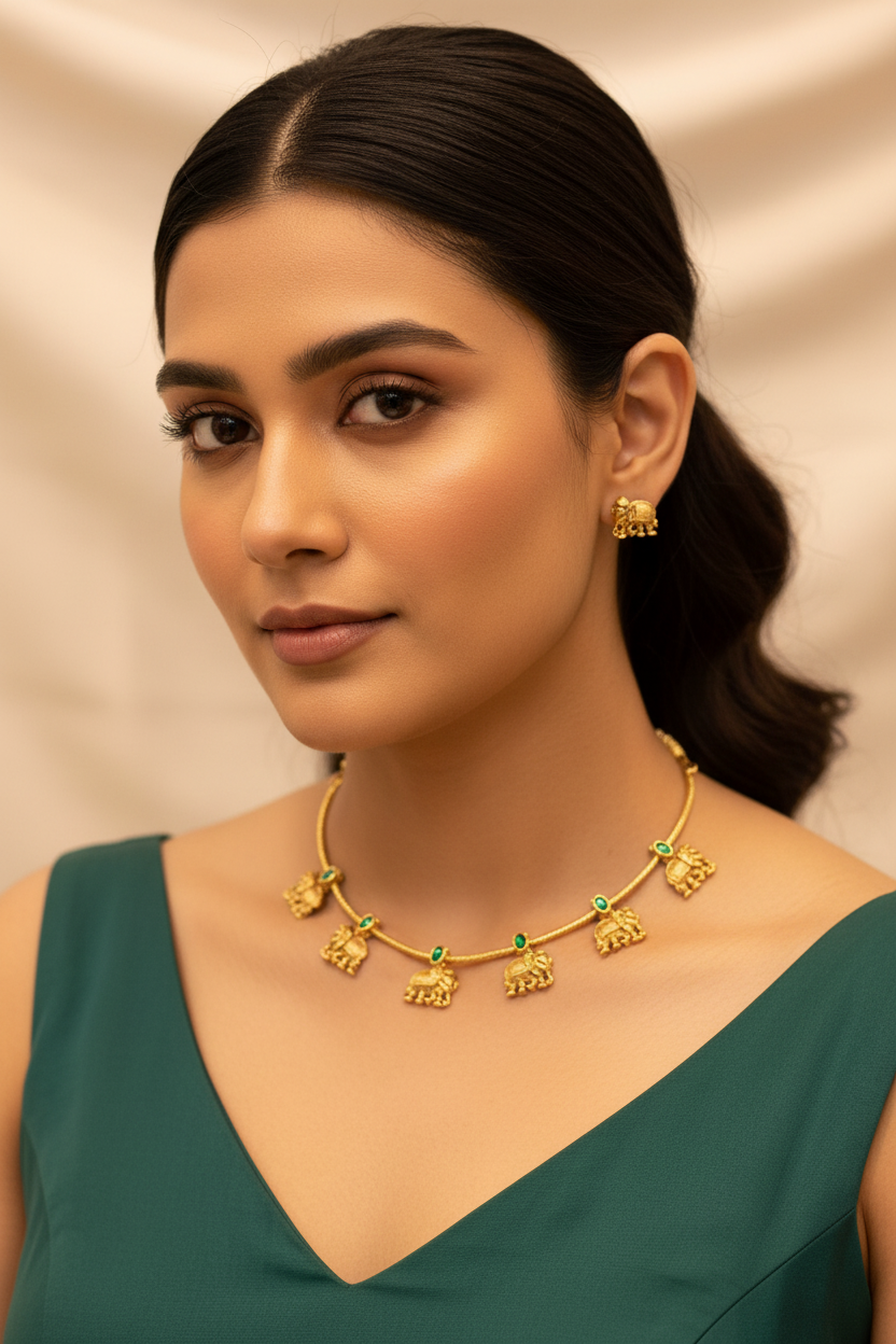 Antique Gold Elephant Charm Necklace on Model