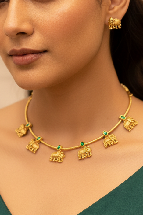 Antique Gold Elephant Charm Necklace on Model