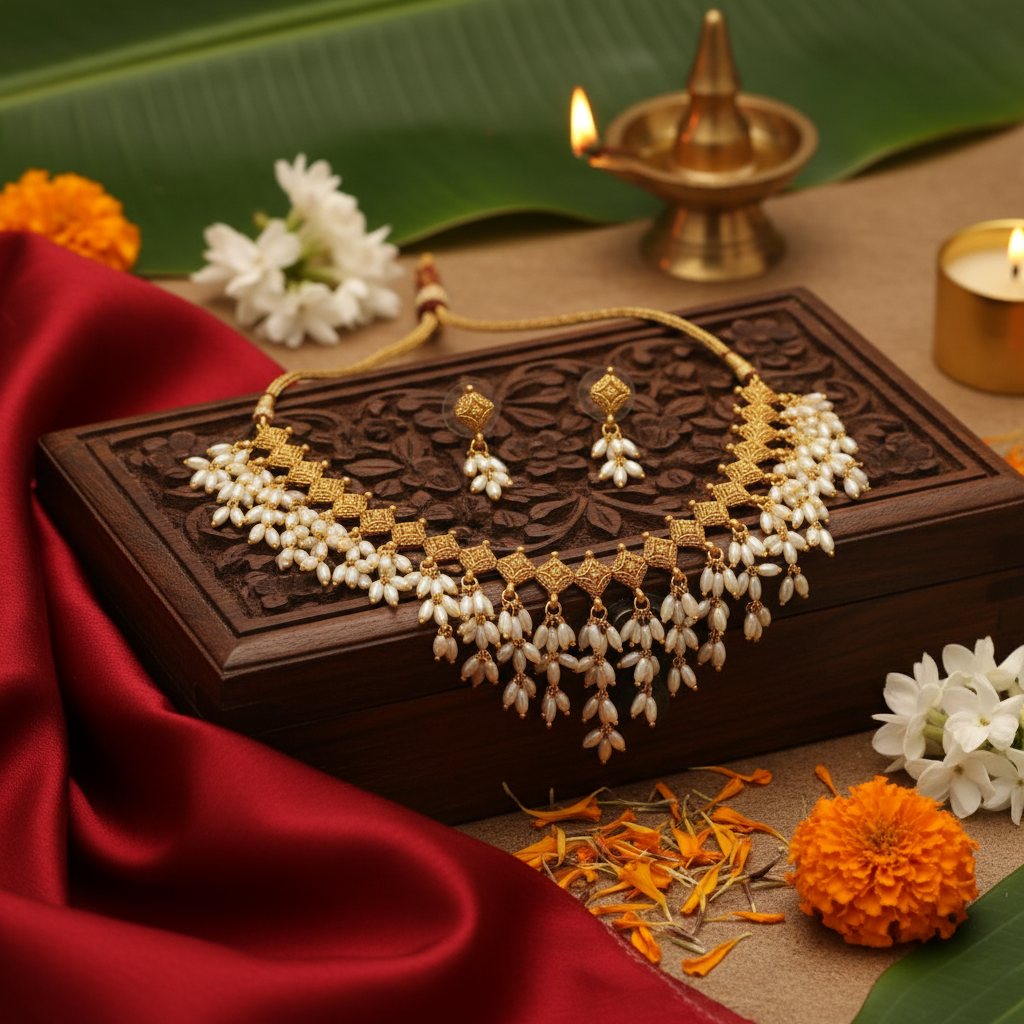Antique Gold White Rice Pearl Drop Choker Necklace Set with Earrings | LLB0219