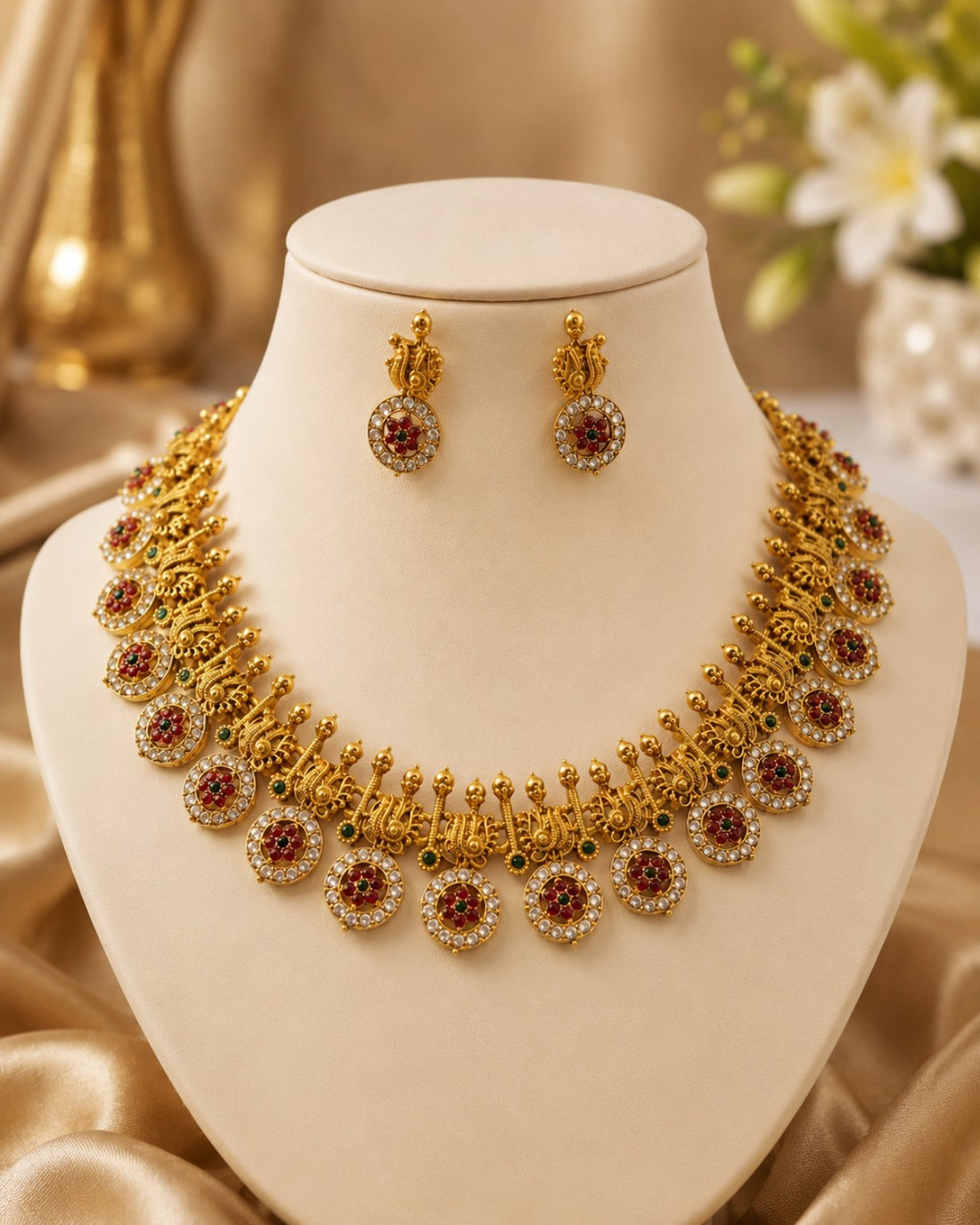 Kerala Temple Necklace Set with Ruby & CZ Stones | OL155