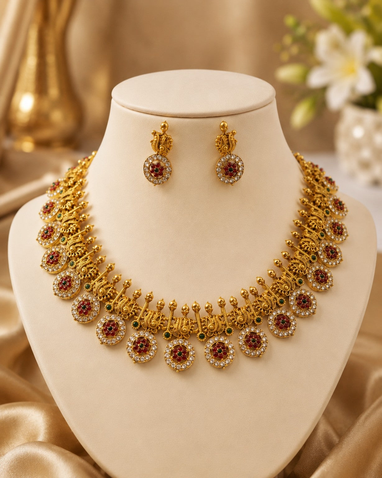 Kerala Temple Necklace Set with Ruby & CZ Stones | OL155