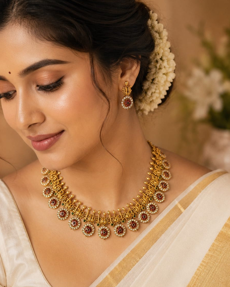 Kerala Temple Necklace Set with Ruby & CZ Stones | OL155