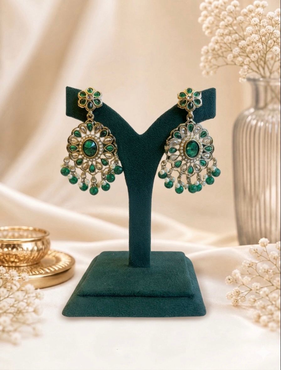 Emerald Green Kundan Chandbali Earrings with Bead Drops | llb1999