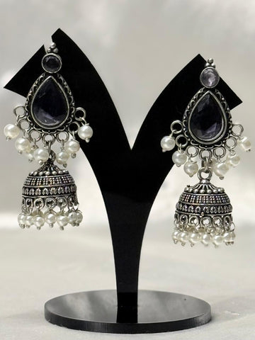 Oxidised Silver Purple Stone Jhumka Earrings with Pearls,ll605