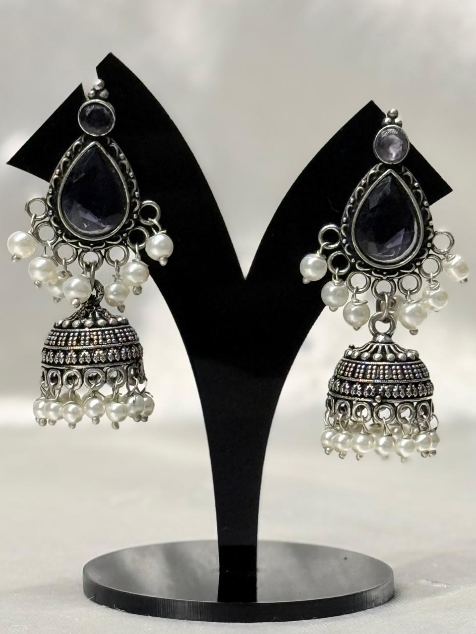 Oxidised Silver Purple Stone Jhumka Earrings with Pearls,ll605