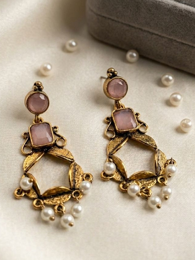 Rose Pink Stone & Pearl Drops | llb038