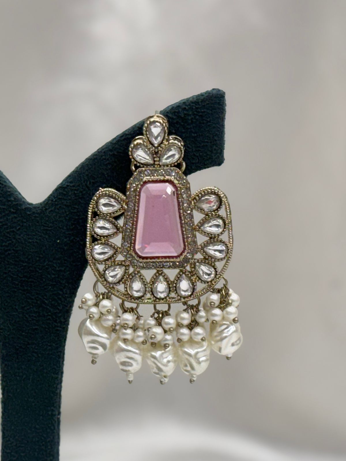Ruby Pink Kundan Chandbali Earrings with Baroque Pearl Drops,llb629