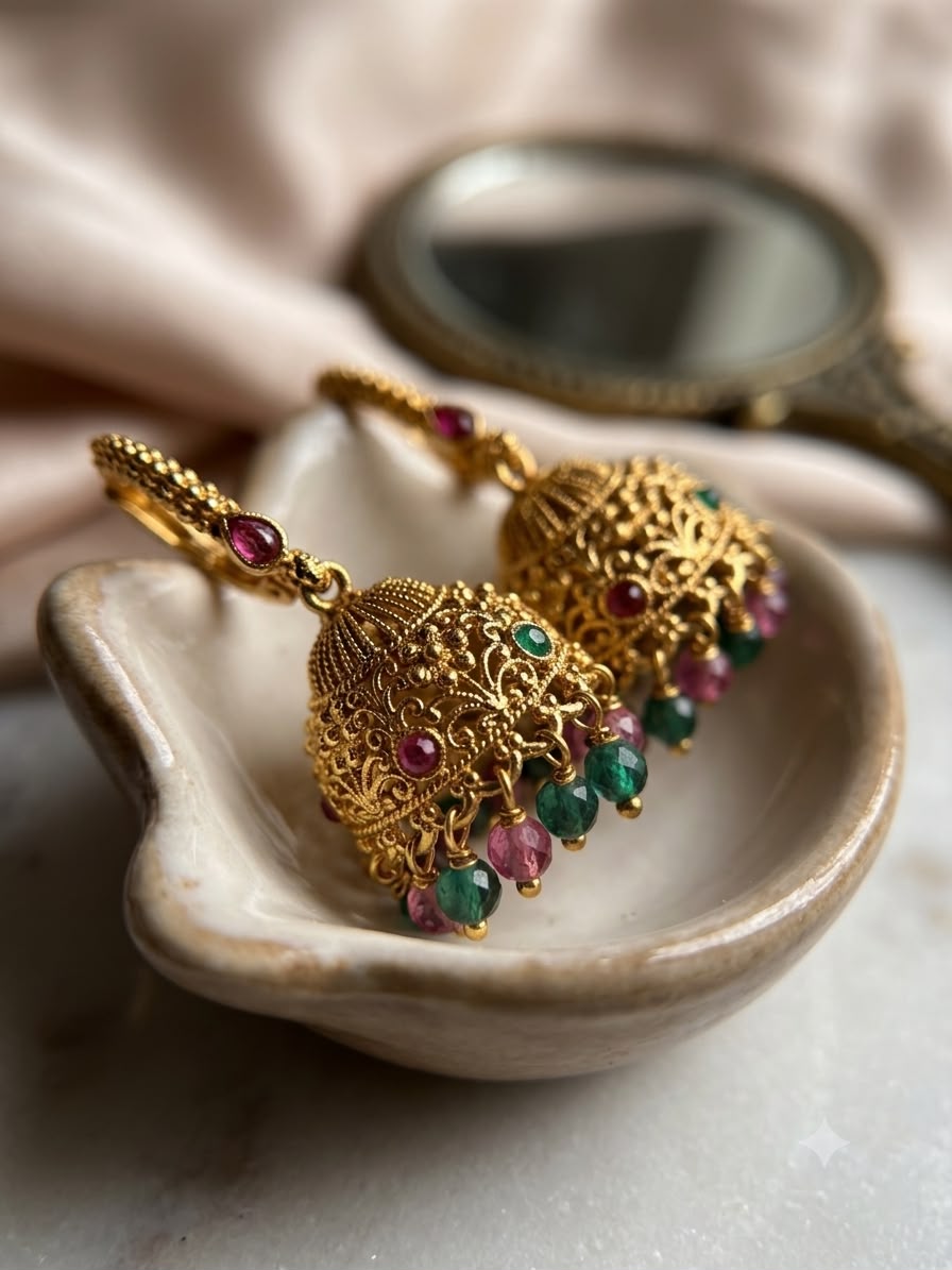 Antique Gold Hoop Jhumka Earrings with Ruby & Emerald Bead Drops | LLB0178