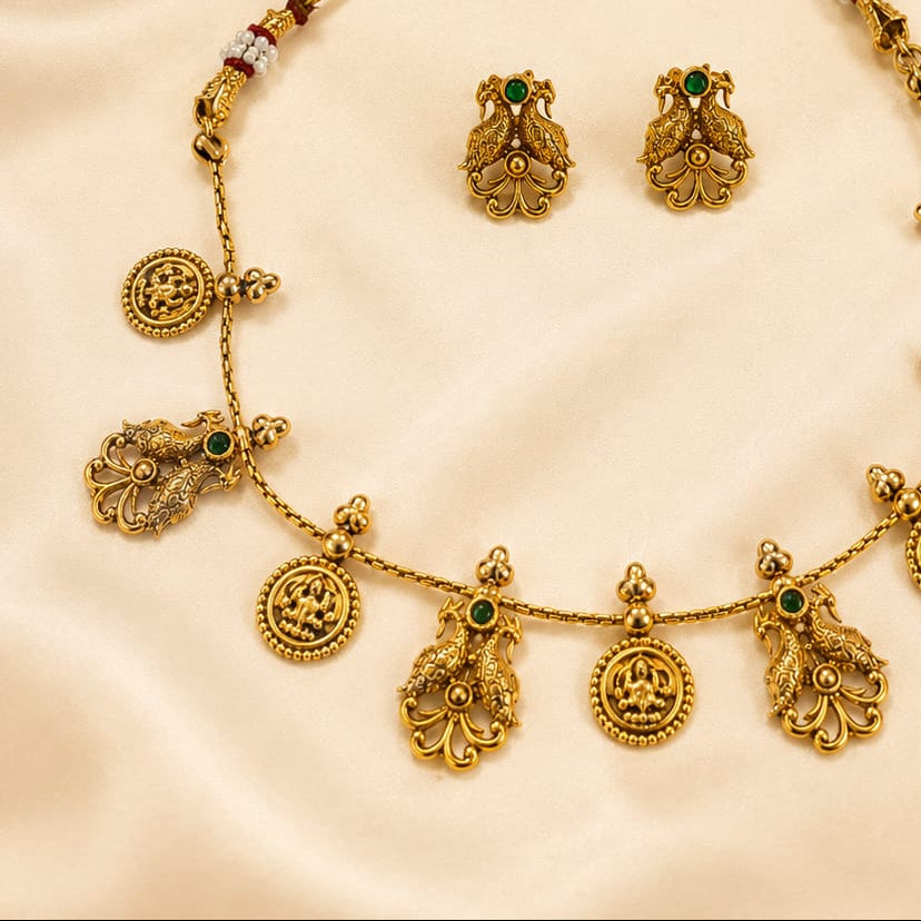Antique Gold Lakshmi Coin Necklace Set | OL106