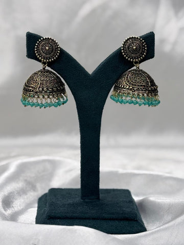 Antique Gold Oxidised Jhumka Earrings with Green Beads,llb585
