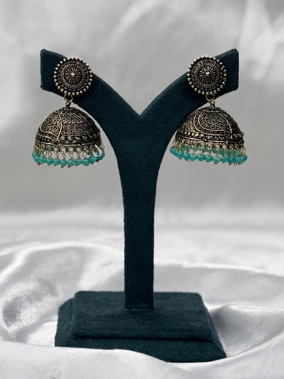 Antique Gold Oxidised Jhumka Earrings with Green Beads,llb585