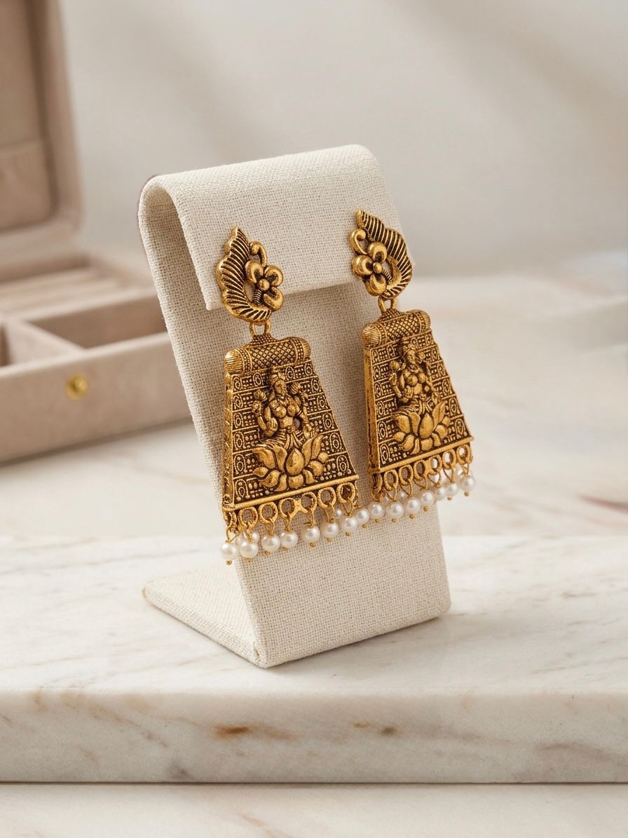 Lakshmi Temple Jhumka Earrings with Pearl Drops |  llb0134