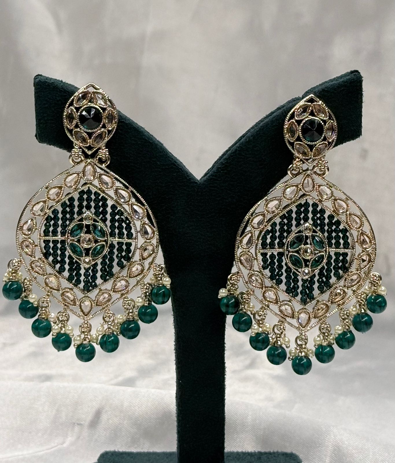 Gold Finish Green Stone Chandbali Earrings with Bead Hangings,llb554