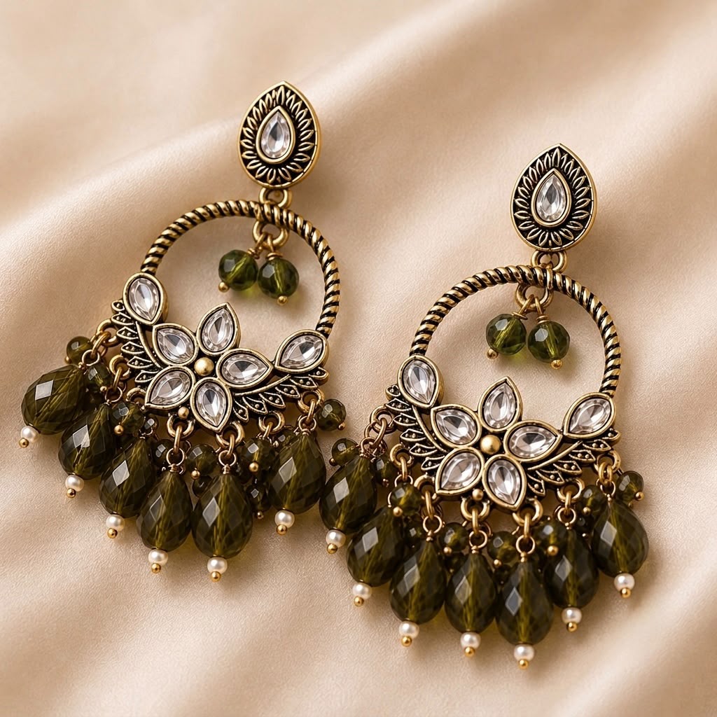 Kundan Olive Green Crystal Chandbali Earrings | llb0157