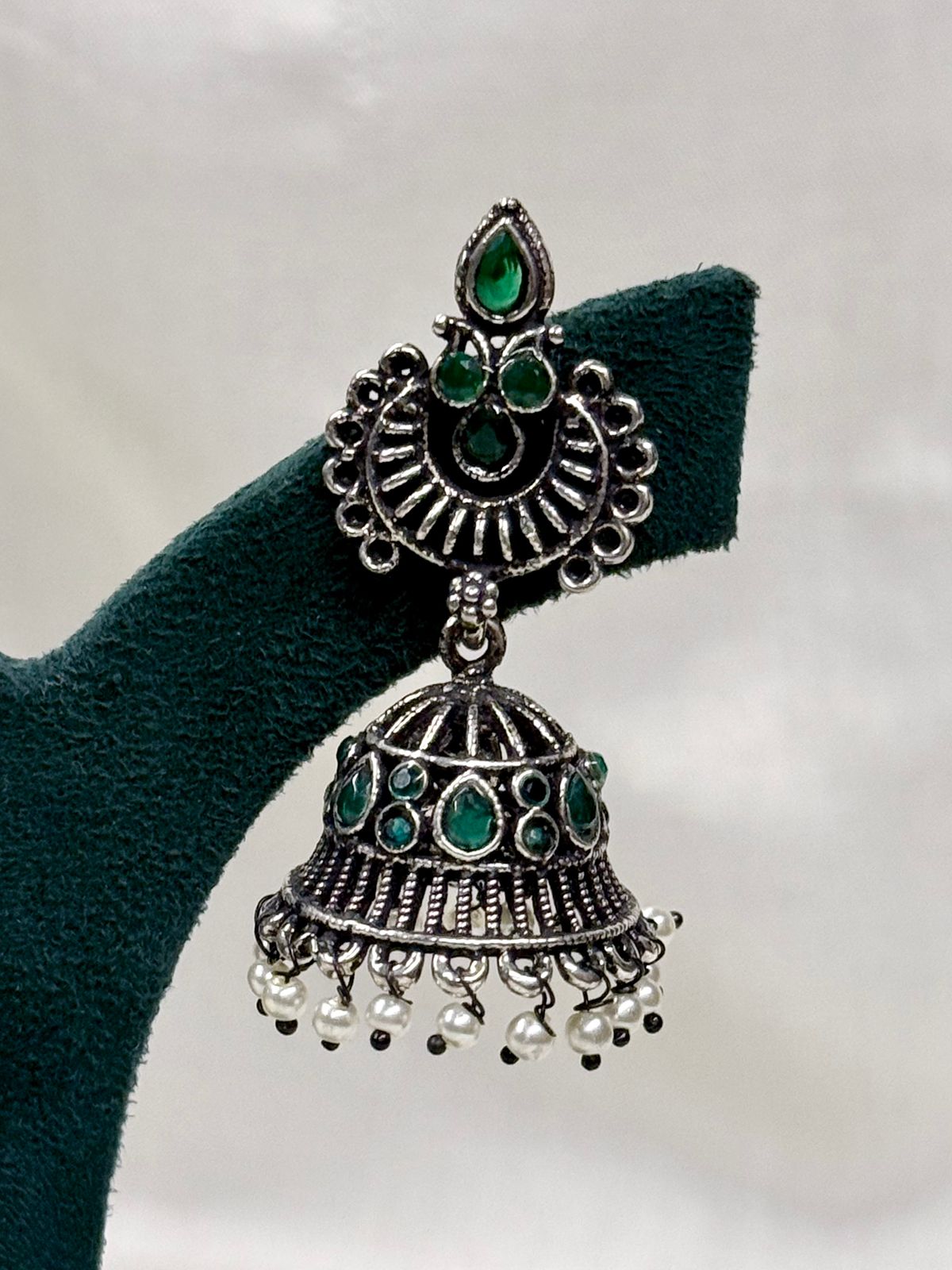 Oxidised Silver Green Stone Jhumka Earrings,llb435