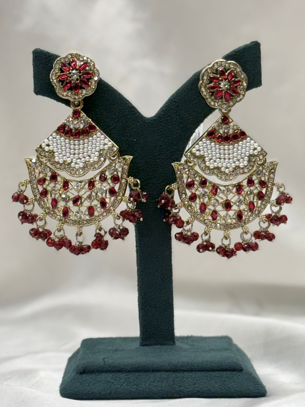 Red Kundan Chandbali Earrings with Pearl & Crystal Drops,llb627