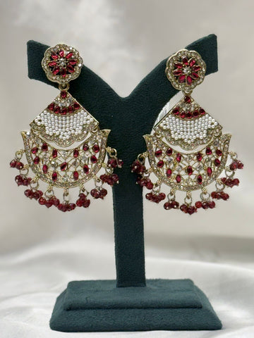 Red Kundan Chandbali Earrings with Pearl & Crystal Drops,llb627