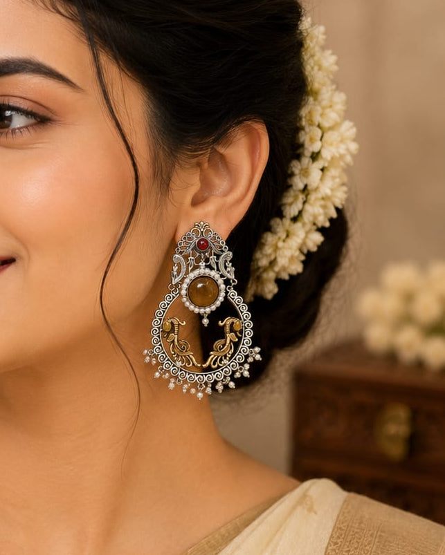Oxidised Silver Dual-Tone Chandbali Earrings | OL245