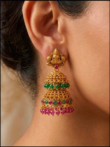 Temple Lakshmi Triple Tier Jhumka Earrings with Emerald & Ruby | LLB0166