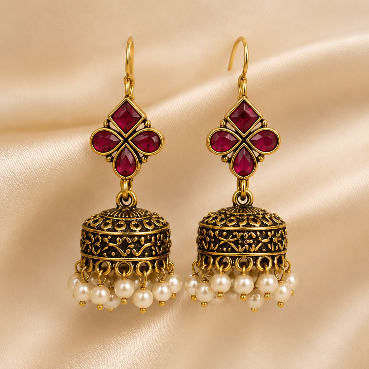 Antique Gold Ruby Kemp Jhumka Earrings with Pearl Drops | LV1339