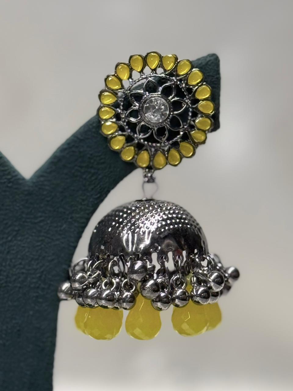 Yellow Stone Oxidised Silver Jhumka Earrings for Women,llb597