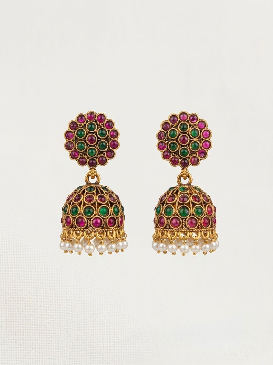 Antique Gold Jhumka Earrings | Ruby Emerald Kemp Stone & Pearl Drops | llb0139