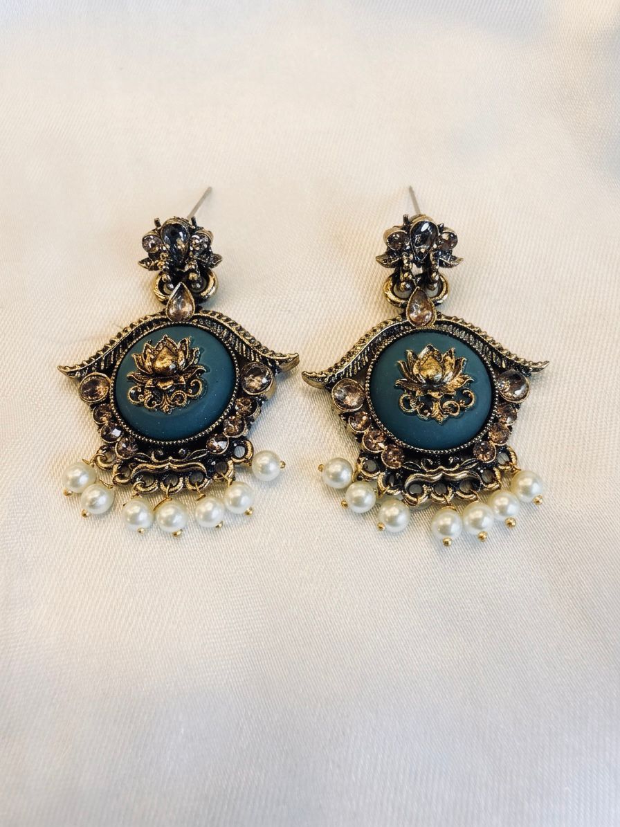Teal Lotus Meenakari Earrings | llb0121