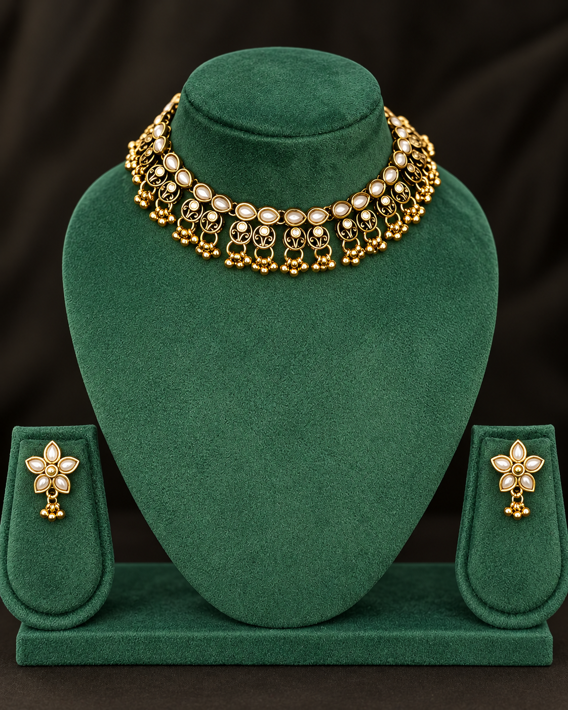 Oxidized Gold Necklace Set with Pearl Floral Design | GV434