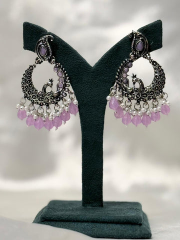 Oxidised Silver Peacock Chandbali Earrings with Lilac Stones,llb607